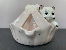 Ceramic WHITE CAT KITTEN Pink Basket FIGURINE Trinket Dish 3