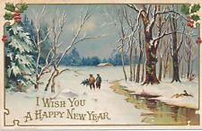 NEW YEAR - Walking In Snow Near Water I Wish You A Happy New Year Postcard picture