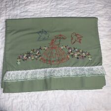 Vintage Pair Embroidered Pillowcases w/ Birds Flowers Lady Umbrella Handmade picture