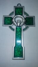 Pewter w/ Green Shamrock Epoxy Claddagh Design Celtic Wall Cross, 5 Inch Jeweled picture