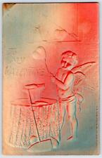 1908 MY VALENTINE CHERUB HEARTS PINK BLUE AIRBRUSHED EMBOSSED ANTIQUE POSTCARD picture