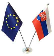 European Union EU & Slovakia Flags Chrome and Satin Table Desk Flag Set picture