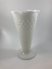 Vintage Milk Glass Hobnail Dot Dash Scalloped Edge Trumpet Vase 9.5