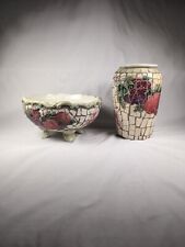  Mid Century Unbranded Lot Of 2 Mosaic Bowl And Vase Fruit And Flowers Matching  picture