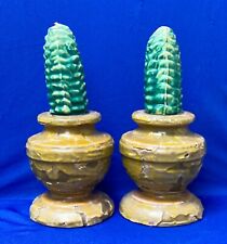 Pair of VTG Estate Pinecone Candles w/ Wax base Stands 116  picture