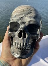 Black Network Jasper Crystal Skull, Massive 7 Lbs, Master Lifelike Carving. picture