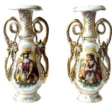 French Napoleonic Empire Old Paris Soft Paste Porcelain Handpainted Scenic Vases picture