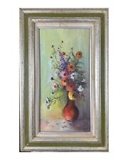 HUBERT Vintage Floral Still Life Oil on Canvas in Silvered Wood Frame picture