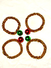 SET OF 4 Vintage JAPAN Bead GOLD TINSEL Christmas Ornaments RED & GREEN picture