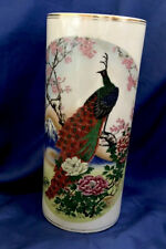 Column Cylindrical Vase Peacock Fuji Floral Calligraphy Pattern Vintage Japan  picture