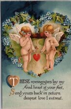 Vintage VALENTINE'S DAY Embossed Postcard Boy & Girl Angels Cupids / Dated 1914 picture