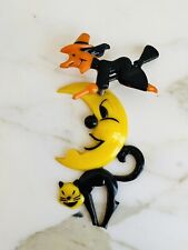 Vintage Rosbro Plastic Halloween Springy Witch On Moon And Black Cat picture