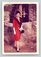 Vintage 1963 color photo Woman in Red Dress 3.5 x 5 inches picture