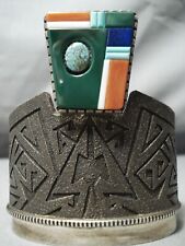 IMPORTANT VINTAGE NAVAJO RICHARD TSOSIE TURQUOISE STERLING SILVER INLAY BRACELET picture
