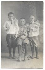 Patriotic Boys Holding American Flags, Antique RPPC Photo Postcard picture