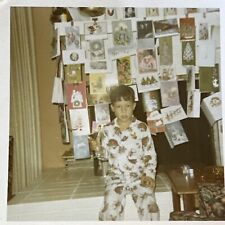 VINTAGE COLOR PHOTO Christmas 1969 Little Boy With Martini Glass And Cards picture