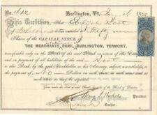 Merchants Bank, Burlington, Vermont - 1872 Banking Stock Certificate - Banking S picture
