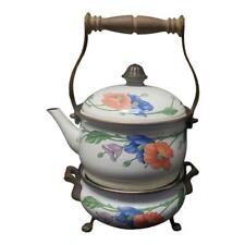 Villeroy & Boch French Vintage Enamel Floral Tea Kettle & Metal Warmer Stand  picture
