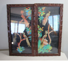 (2) Vintage 1940's Framed Carved Wood Mexican Folk Art Birds Feathers 16.5