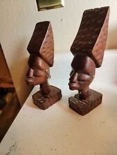 AFRICAN TRIBAL WOOD BUSTS FIGURINES FOLK ART HAND CARVED WIRE ACCENTS SET OF 2 picture