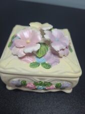 Vintage 1980’s 3D Floral Box Porcelain Bisque Yellow Square trinket box picture