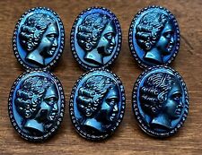 Vintage Set of 6 CAMEO Blue & Purple Luster/Black Glass Buttons - 11/16