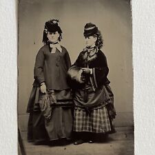 Antique Tintype Photograph Beautiful Fashionable Young Women Amazing Dresses Hat picture