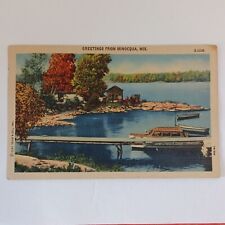 Linen~Greetings From Minocqua Wisconsin~Beautiful Lake Scene View~Boat Postcard  picture