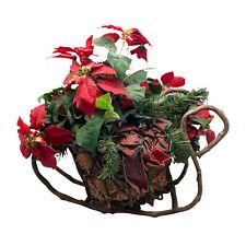 vintage Christmas holiday decor basket slay poinsettia plaid bows foe plant READ picture
