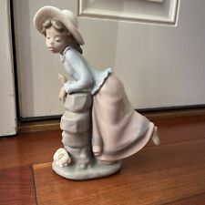 Nao Lladro, 1981 Daisa Porcelain Figurine - Girl Fence Stone Wall Puppy Dog picture