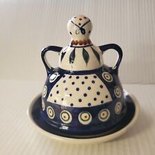 Polish Boleslewiec Ceramic  Pottery Cheese Butter Lady Blue Peacock Pattern 5