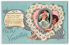 1911 Valentine Little Girl Holding Frame White Pansies Flowers Embossed Postcard picture