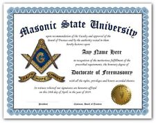 Masonic University Freemason Certificate Diploma w/Gold Seal Novelty Logo - Gift picture