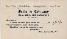 Buffalo Beals & Company Iron Steel Hardware Order Acknowledgment 1910 NY  picture
