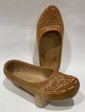 Vintage Pair Floral Carved Solid Wooden Shoes Clogs 3 Pegs Stilts Spain European picture