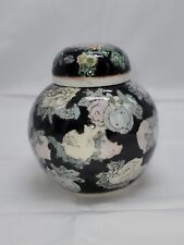 Chinese Ginger Jar with Lid Black & Pink Floral Porcelain Canister Urn 5 Inches picture