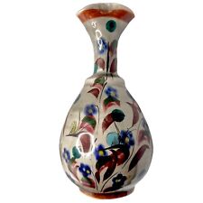 Vintage Tonala Pottery Vase Ruffled Hand Painted Floral Snails Leaves 6