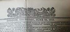  Waterloo  Napoleon  Wellington  TIMES 1815  June 22nd  1st Print Newspaper    picture