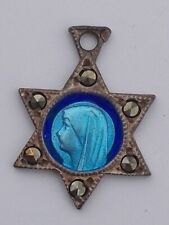 Vintage French Art Deco Silver Virgin Mary Blue Enamel with Marcasites medal picture