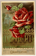 Congratulations, Red Roses, Embossed, Gold Vintage Greeting Postcard picture
