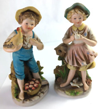 Lot Of 2 Homco Porcelain figurines: Boy & HEN, Girl & bird Bisque Collectibles picture