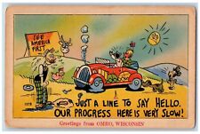 Omro Wisconsin WI Postcard Just A Line Say Hello Beach Sunny Humor c1940 Vintage picture