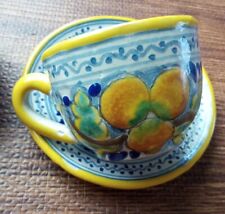 Vintage Mexican Folk Art Pottery Lemon Flower 2 Cups & Saucer picture
