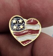VTG Lapel Pinback Hat Pin Gold Tone American Flag Heart Patriotic Enameled  picture