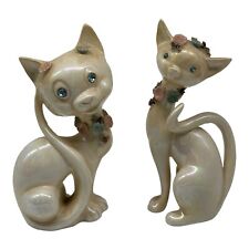 2 Vintage MCM Lefton Ceramic Kitten Cat~Blue Rhinestones Jeweled Eyes~Flowers picture
