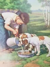 Little Boy Watering Puppies Dogs Sweet Vintage Sunday School Story Board 10.5x14 picture