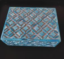 Vintage Wood Trinket/Jewelry Box w/Turquoise Colored Stone Outlay 8x6x3  