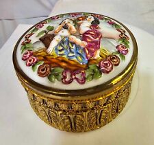 Antique Capodimonte Porcelain Powder/Dresser Box Ormolu Gold Metal Putti Floral picture