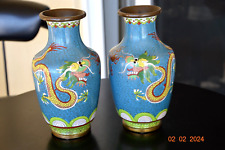 Older Pair of Chinese Double Dragon Cloisonne Blue Enamel Vases 8.75
