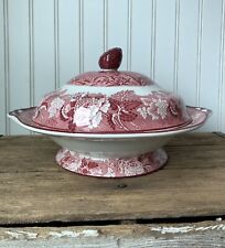 Vintage Woodsware Red Transferware English Scenery Footed Covered Vegetable Dish picture